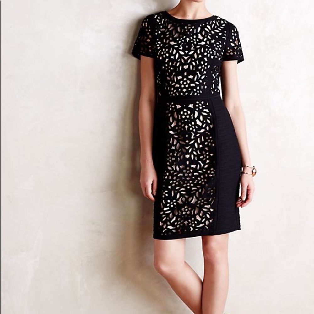 4/$25 Anthropologie Maeve Lasercut Basalt Sheath Dress in Black - 2 Classic Work